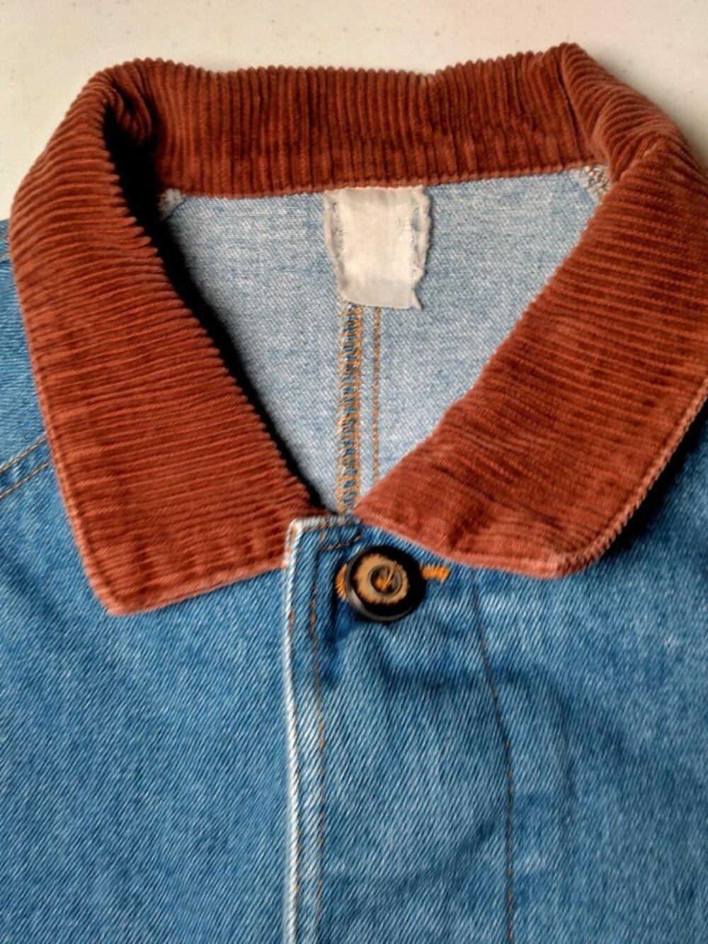 Vintage Denim Jean Jacket Barn Coat Women L XL Brown Corduroy Collar - Picture 8 of 16